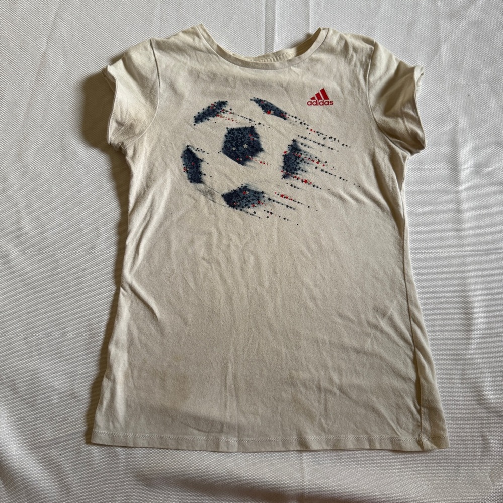Adidas Girls Soccer Tee – Size M (10–12) Cream Red Blue Graphic